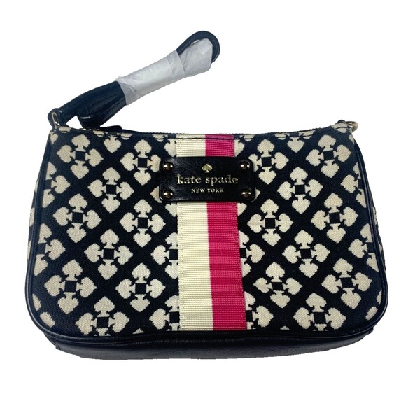 Kate Spade New York NWOT Mini Wristlet Bag Printed Canvas Logo Black Pink 8"x 5" - Picture 1 of 8